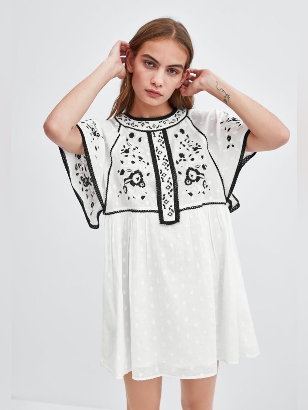 Zara TRF Embroidered Baby doll Mini Dress